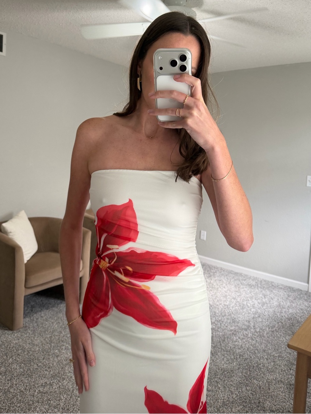 Strapless Cream Midi Dress with Red Floral Print - Picture 3 of 4